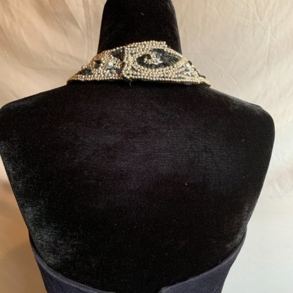 Navy Blue Beaded Halter Evening Dress - Picture 5 of 6